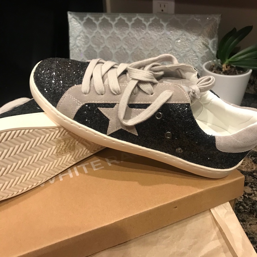 New White Raven faux suede glitter sneakers.